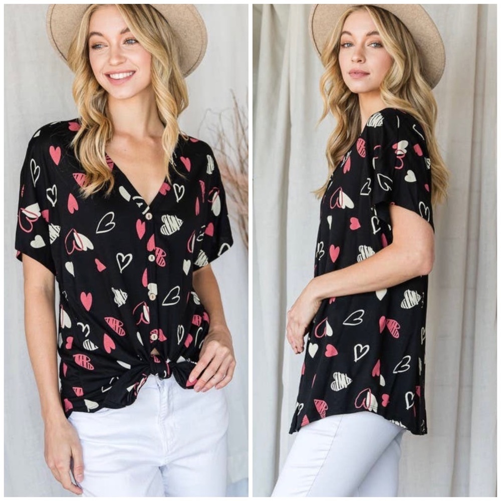 Pink Irene Black Button Down Heart Print Top